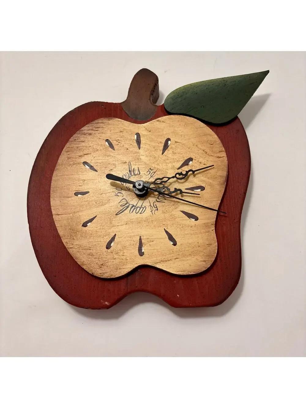 Vintage Apple Shaped Wooden Wall Clock Farmhouse Kitschy Cottagecore 7 in.